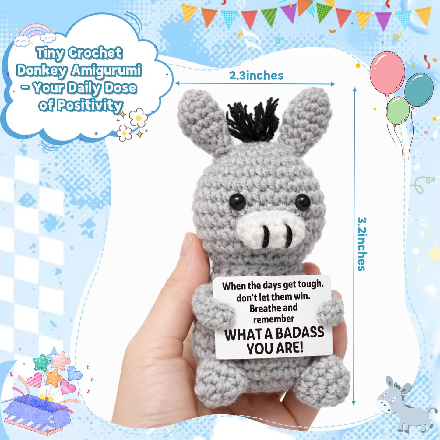 Frabaca Funny Graduation Positive Badass Donkey Crochet Animals, Motivational Gift for Women Men Coworkers, Best Friends - Uplifting Support Small Fathers Day Holiday Basket Stuffer for Grandkids