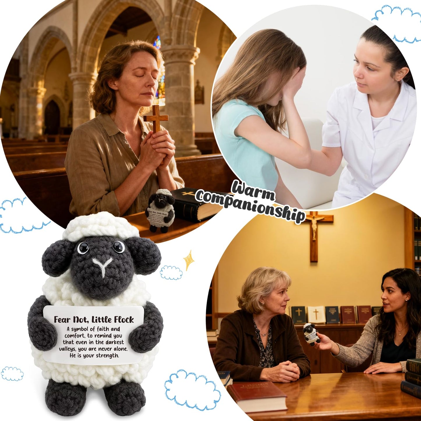 AVALYNNE Handmade Crochet Little Black Sheep Christian Encouragement Gift - Fear Not, Little Flock Faith Keepsake for Women, Friends - Spiritual Comfort Present for Tough Times, Illness, Anxiety
