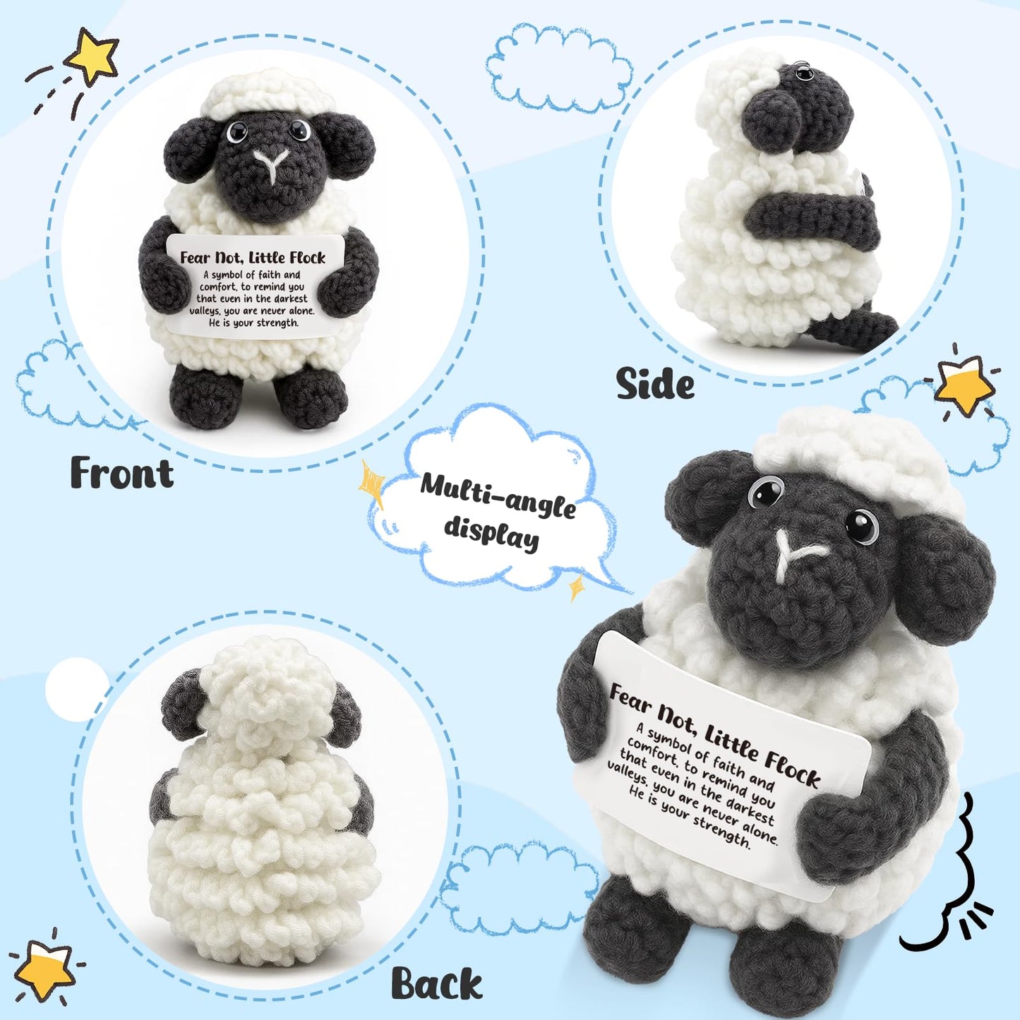 AVALYNNE Handmade Crochet Little Black Sheep Christian Encouragement Gift - Fear Not, Little Flock Faith Keepsake for Women, Friends - Spiritual Comfort Present for Tough Times, Illness, Anxiety