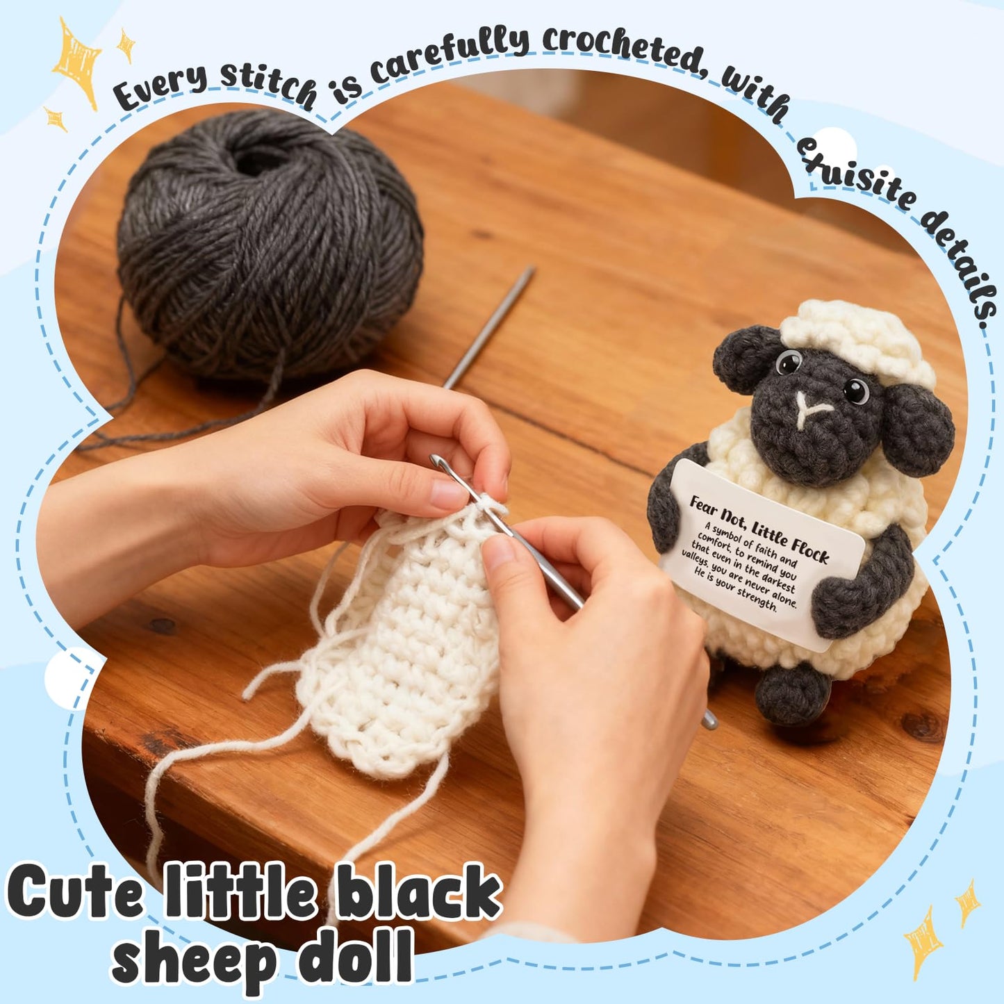 AVALYNNE Handmade Crochet Little Black Sheep Christian Encouragement Gift - Fear Not, Little Flock Faith Keepsake for Women, Friends - Spiritual Comfort Present for Tough Times, Illness, Anxiety