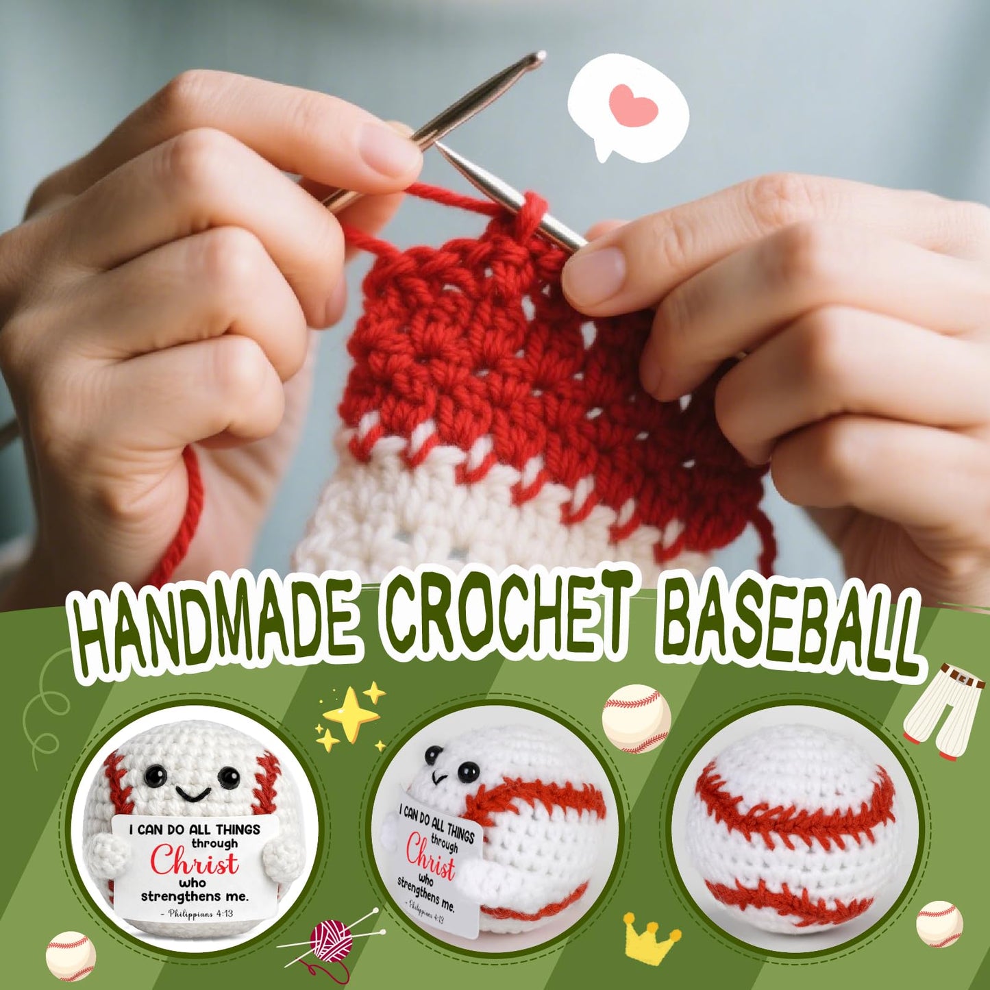 TKGIFTHOT Handmade Crochet Baseball Gifts Faith Encouragement Gift for Him Friend Son Christian Philippians 4:13 Motivational Baseball Room Religious Sports Christmas Decor