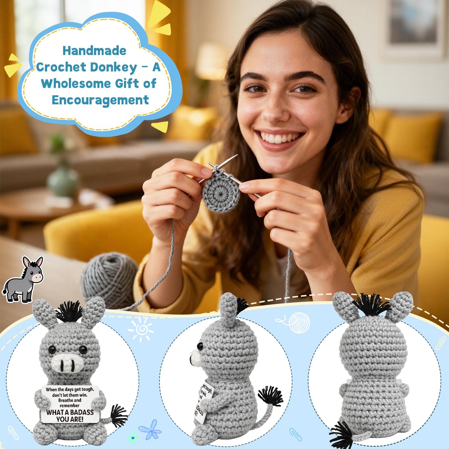 Frabaca Funny Graduation Positive Badass Donkey Crochet Animals, Motivational Gift for Women Men Coworkers, Best Friends - Uplifting Support Small Fathers Day Holiday Basket Stuffer for Grandkids