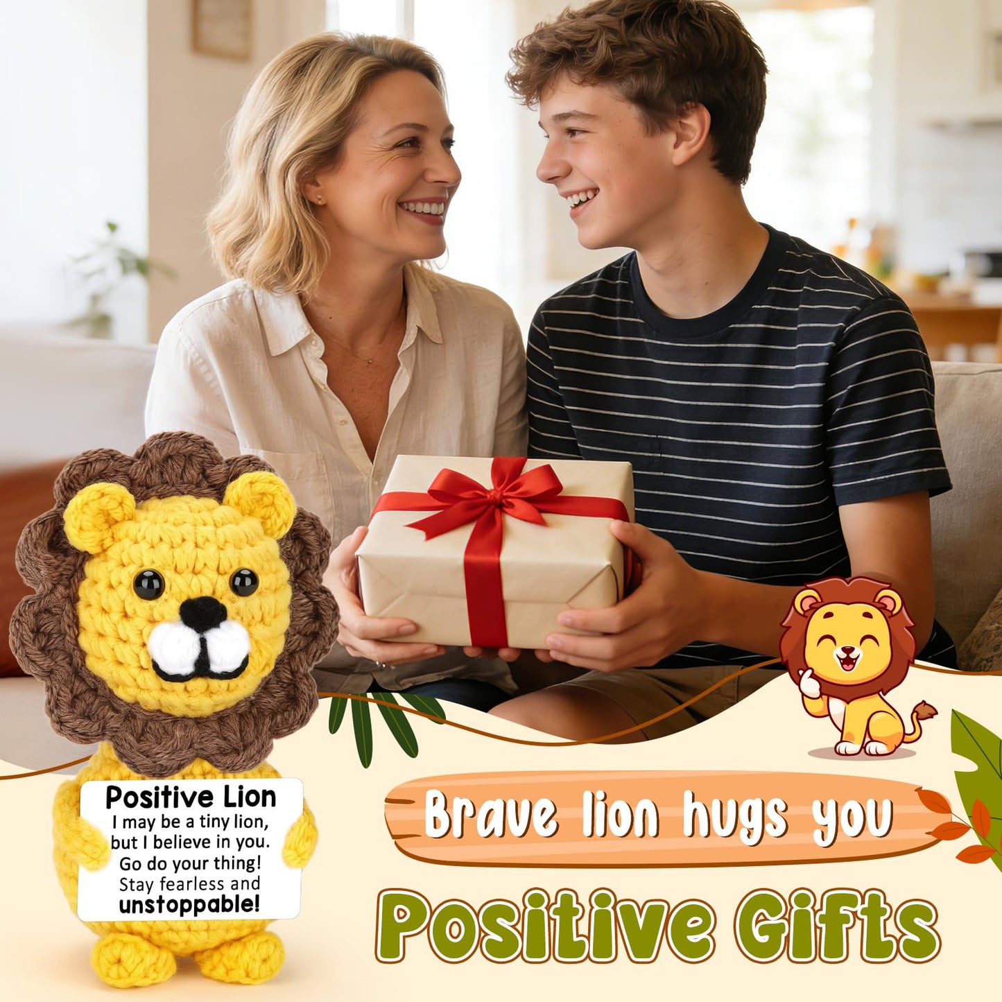 Agantree art Positive Lion Cheer Up Affirmation Gifts for Men Women Boys Girls Daughter Son Birthday Graduation Fathers Day Handmade Crochet Lion Gifts Inspirational Motivational Cool Things