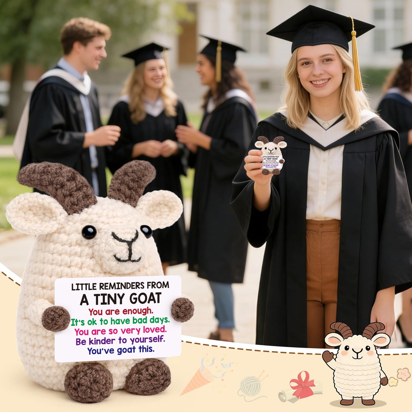 Positive Crochet Animal Goat Birthday Back to School Gifts for College Student Teen Boy Girl Fathers Day Men Gifts for Son Christmas Inspirational Support Gift for Women Men Teacher Coworker Friend