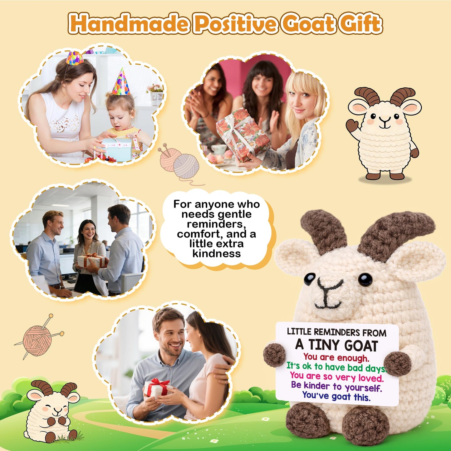 Positive Crochet Animal Goat Birthday Back to School Gifts for College Student Teen Boy Girl Fathers Day Men Gifts for Son Christmas Inspirational Support Gift for Women Men Teacher Coworker Friend